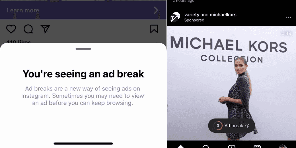 screenshot of an Instagram alert in testing for unskippable ad breaks on the platform, and screenshot of an Instagram unskippable ad in testing within a users main feed on the platform