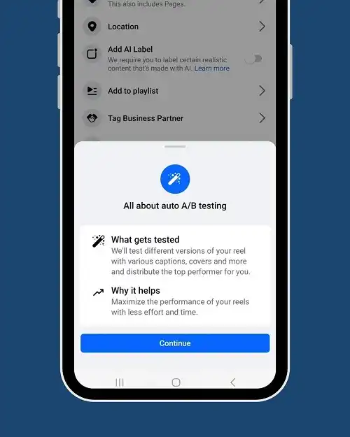 screenshot of Meta's ads manager app and the alert for the new auto a/b testing option that is currently being tested with select users